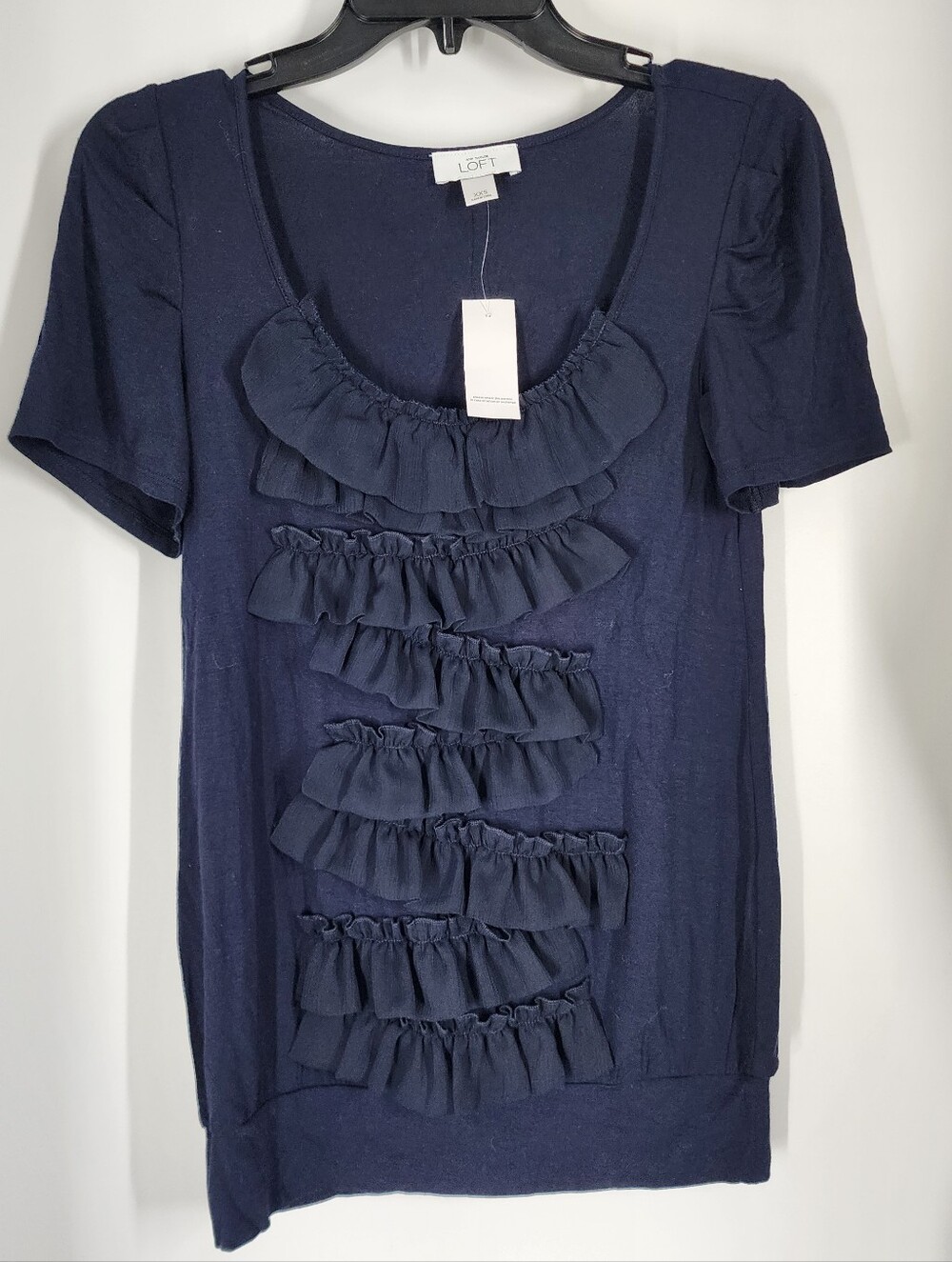Ann Taylor LOFT blue Short Sleeve Rayon Blend Ruffle Front Top Size 2XS XXS